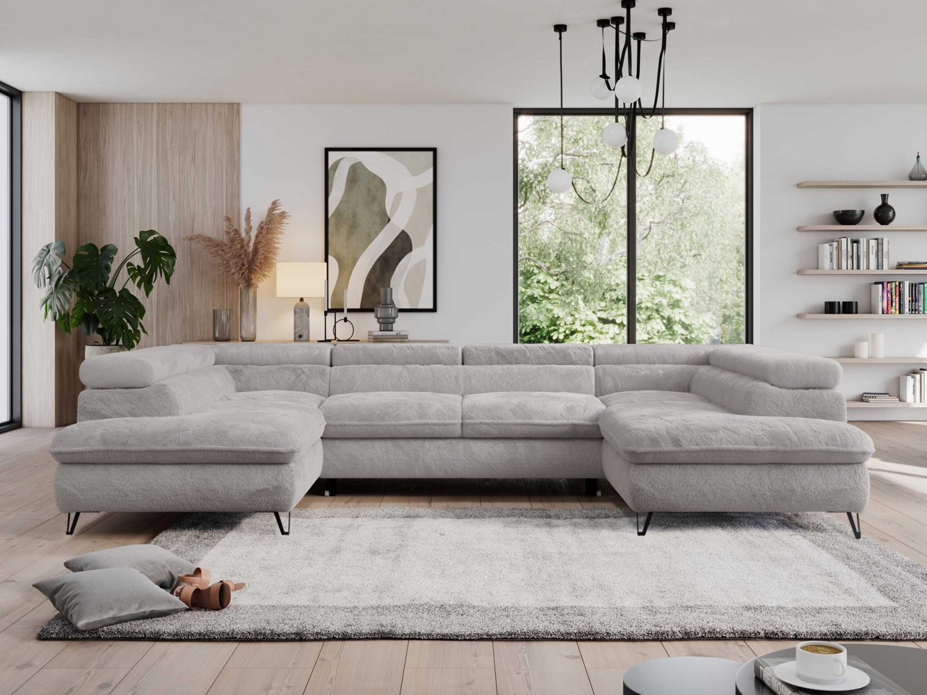 Ecksofa mit Schlaffunktion und verstellbaren Kopfstützen, große U-förmige Ecke - PEDRO U - Hellgrau Plüsch - Topper T25 Bild 1