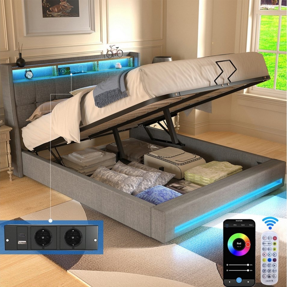 oyajia Polsterbett Doppelbett mit LED Licht 140x200cm,Hydraulisch anhebbarer Stauraumbett (Mit Lattenrost und Ladefunktion, Leinenmaterial Polsterbett), Modernes Jugendbett, Leises Design Bett, Max. Belastbarkeit 350 kg Bild 1