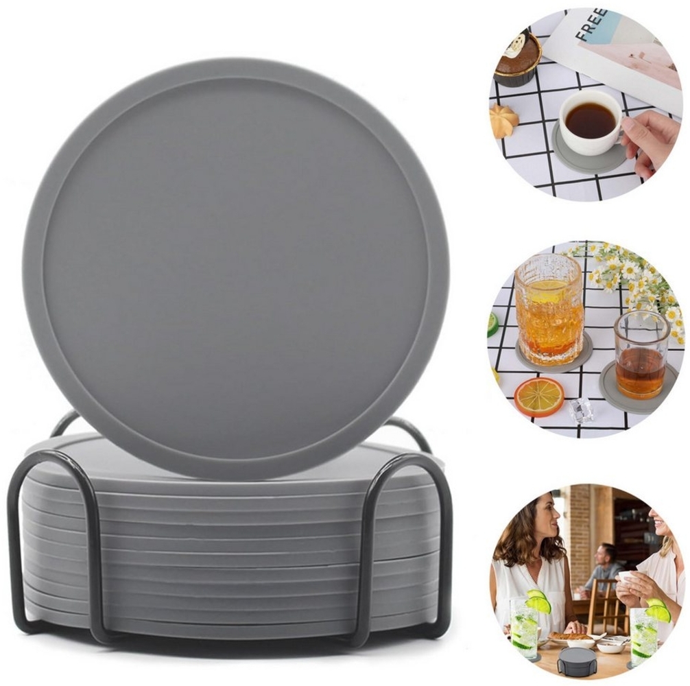 OKWISH Getränkeuntersetzer 12er Gläser Untersetzer Set Glasuntersetzer Tischuntersetzer Rund 10cm, Silikonuntersetzer mit Edelstahl Halter Durchmesser 10 cm aus Silikon, 12-tlg, Rutschfest und Isoliert für Getränke Glas Tassen Bar usw Bild 1