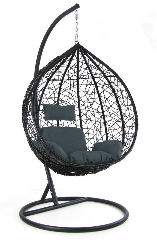 RAMROXX Hängesessel Luxus Schaukel Korb Polyrattan mit Gestell Schwarz Kissen Grau XXL Bild 1