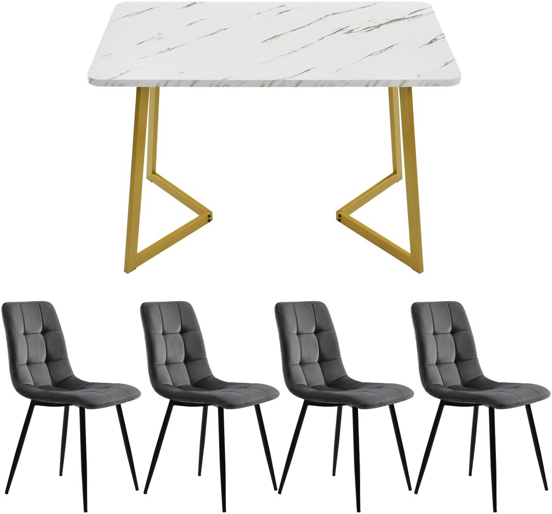 Merax Esstisch 117*68*75cm mit 4er Set Samt Esszimmerstuhl, Essgruppe, (5-tlg, mit Metallbeine und MDF Platte), Grau Bild 1