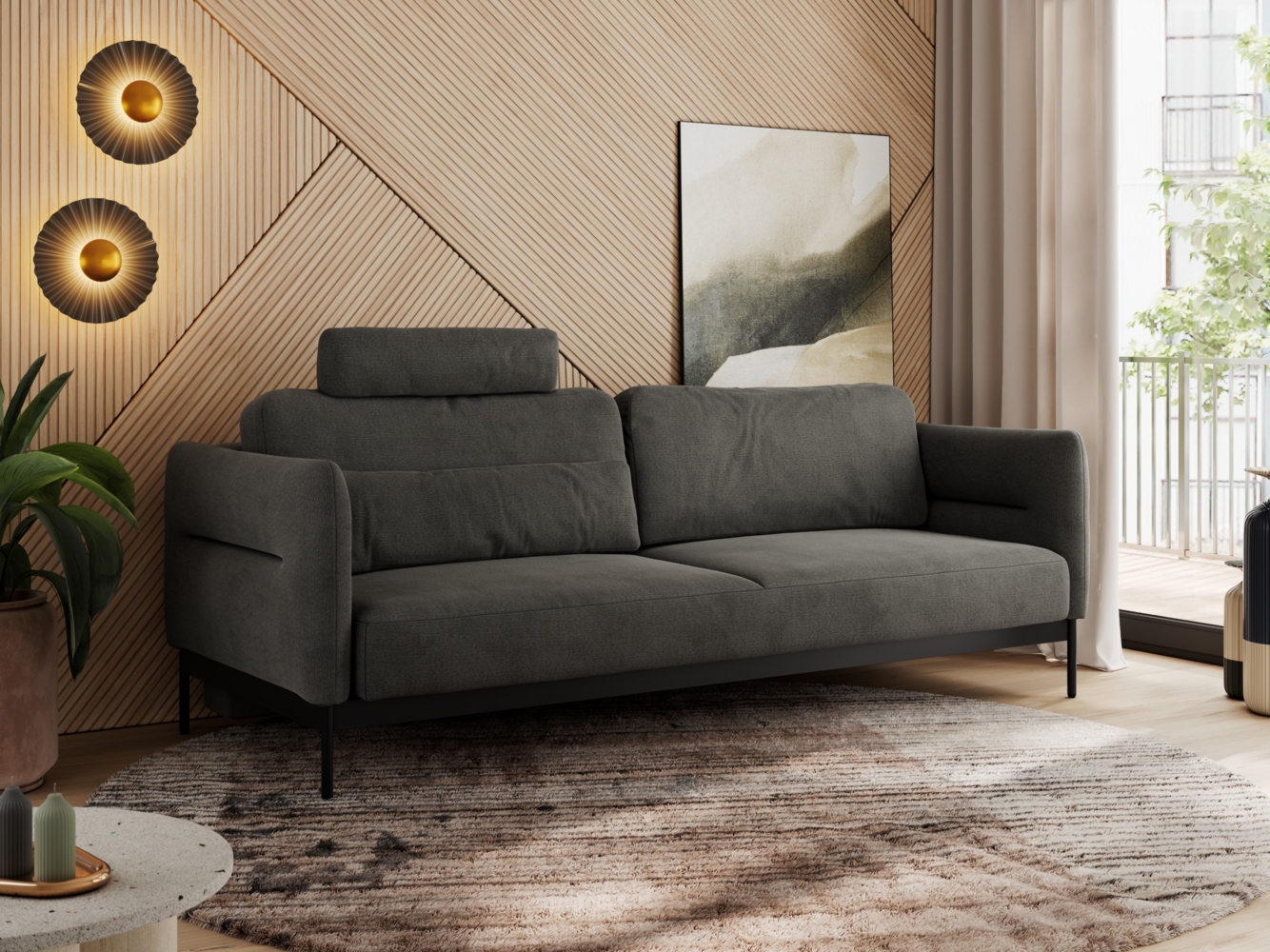 Sofa mit Schlaffunktion, schwarze Metallstruktur, mobile Kopfstütze, Schlafsofa mit losen Kissen - SALENTO - Dunkelgrau Velours Bild 1