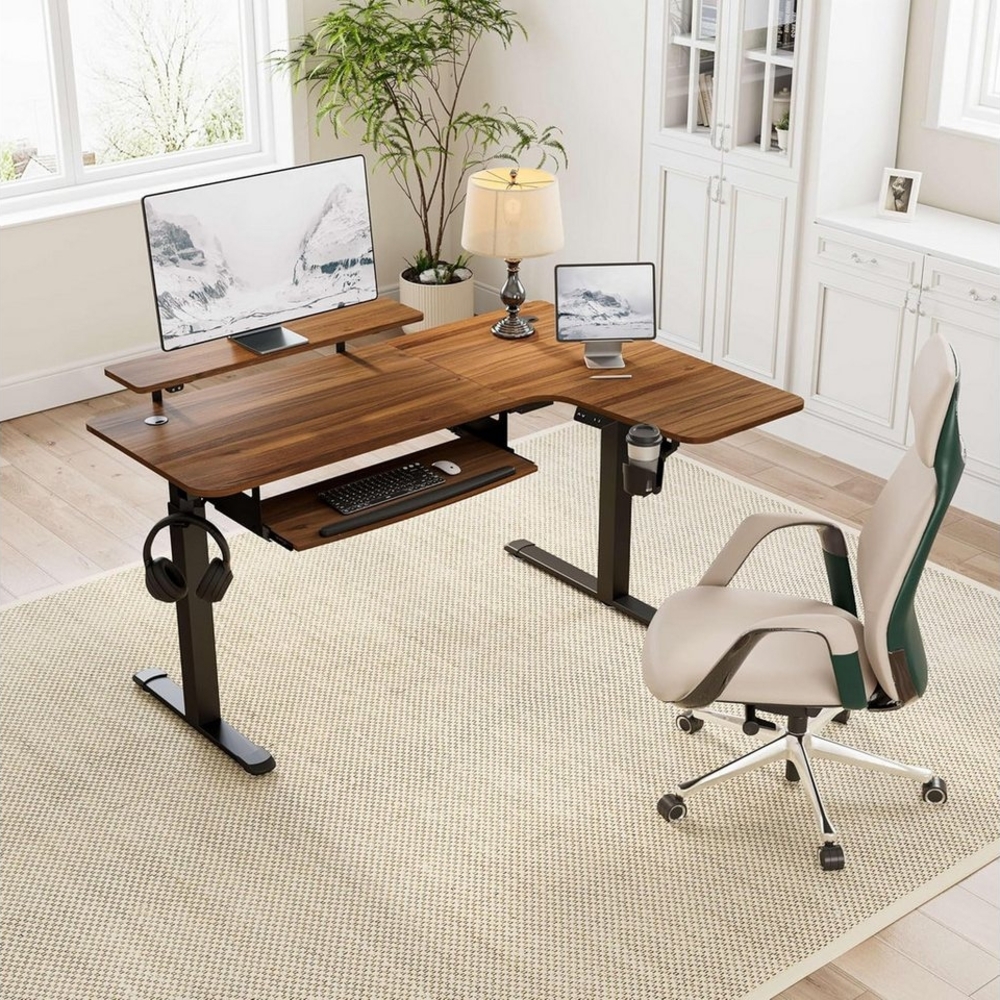 EE EUREKA ERGONOMIC Schreibtisch Höhenverstellbarer(74–122cm) Elektrisch L-Form mit LED Monitorständer (Packung, 1-St, Computertisch mit Getränkehalter, Kopfhörerhaken, Kabelbox, Mauspad), Ergonomischer 155x110 cm Großen Modern Gaming Tisch mit Tastatu... Bild 1