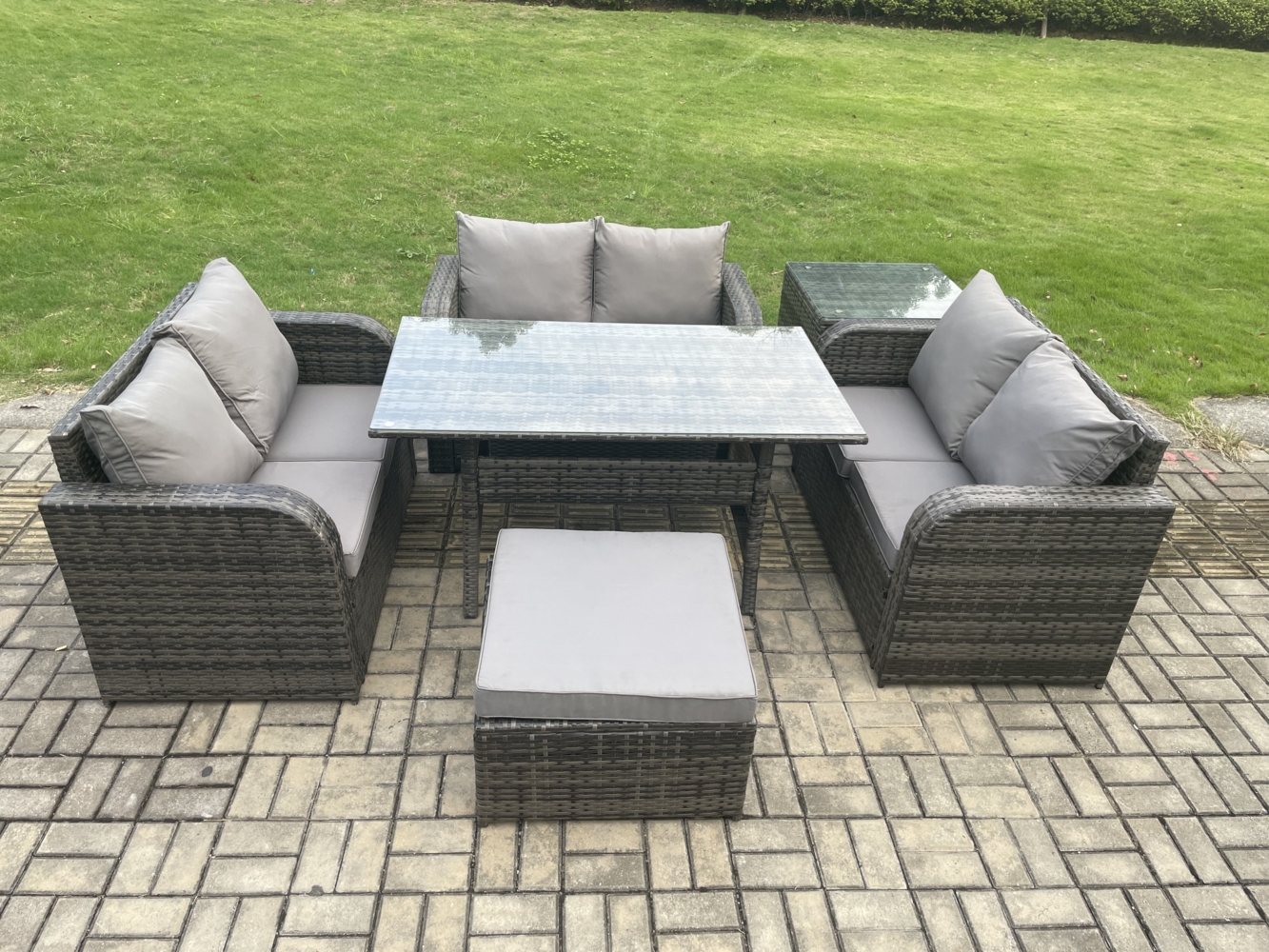 Fimous Polyrattan Gartenmöbel Set mit Rechteckiger Esstisch Großer Fußhocker Beistelltisch Dunkelgrau gemischt Bild 1