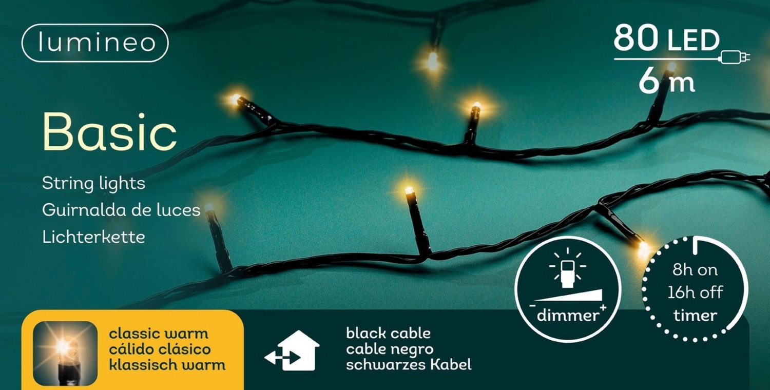 Lumineo LED-Lichterkette Lumineo Lichterkette BASIC 80 LED 6 m klassisch warm, schwarzes Kabel, Indoor/Outdoor, dimmbar, 8h-Timer, + 5 m Zuleitung Bild 1