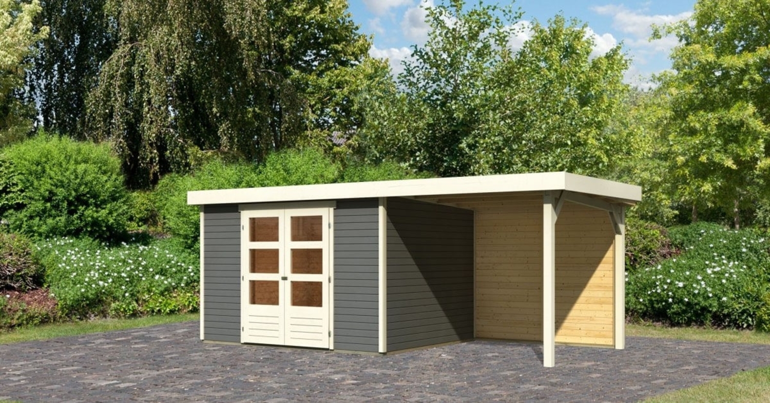 Gartenhaus Askola 5, 302x246 cm inkl Anbaudach 2,40 m mit Rückwand, 19 mm Holz terragrau, Karibu Bild 1