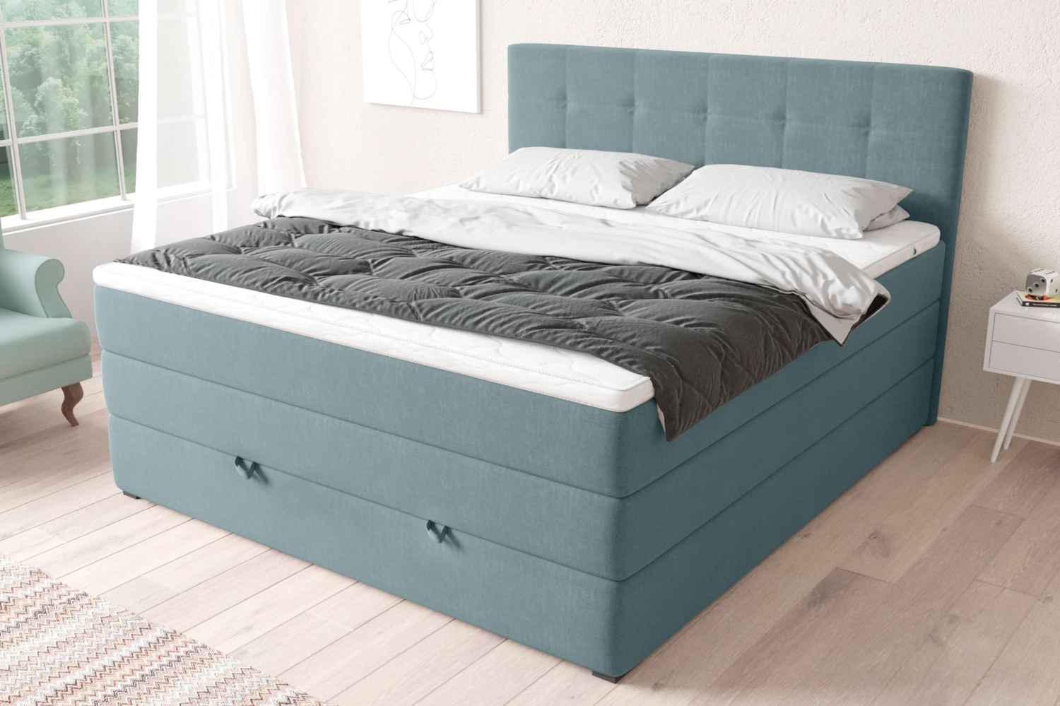 99rooms Madagaskar Boxspringbett Strukturstoff INARI Pastellblau 180x200 cm Bonell-Federung Bild 1