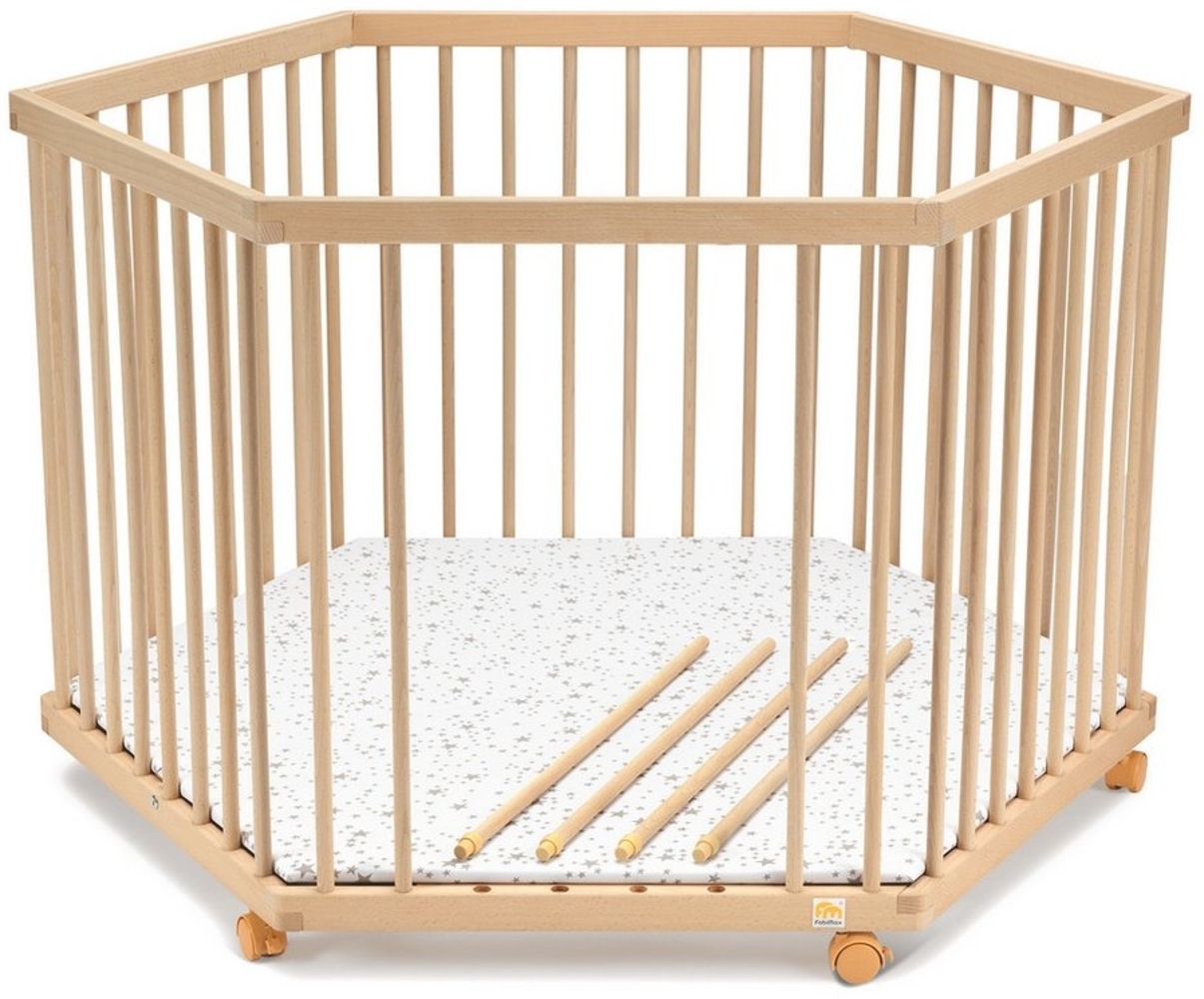 FabiMax Laufgitter 6-eck, Buche massiv, 4 Schlupfsprossen, stufenlos höhenverstellbar, inkl. 6 Parkettrollen Bild 1