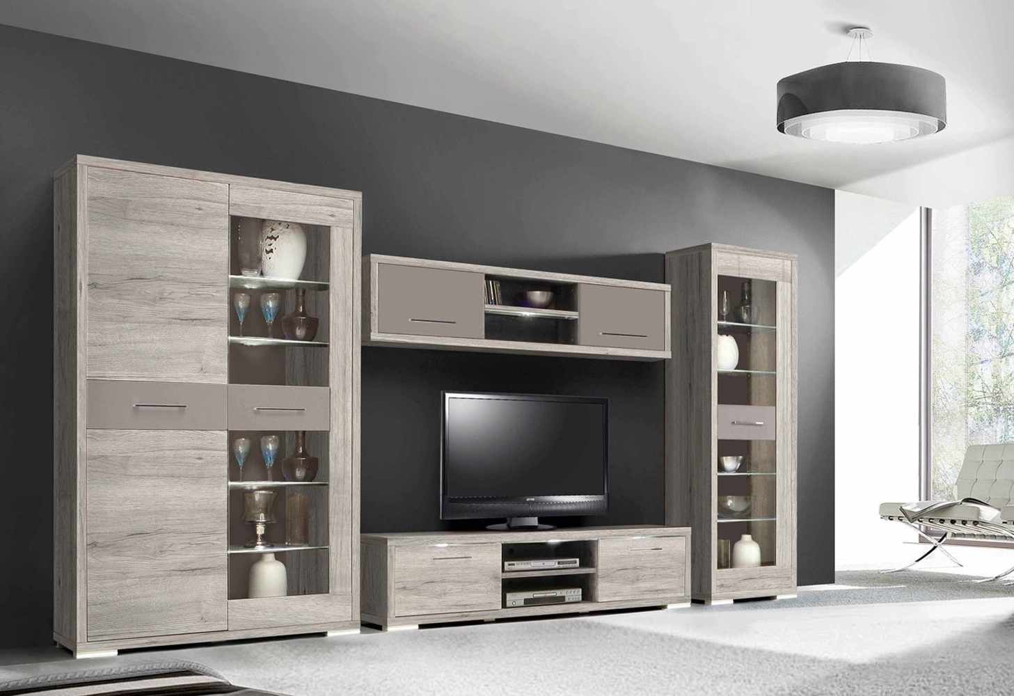 Wohnwand Anbauwand Mediawand Sandeiche Cacoa Basalt 342cm Bild 1