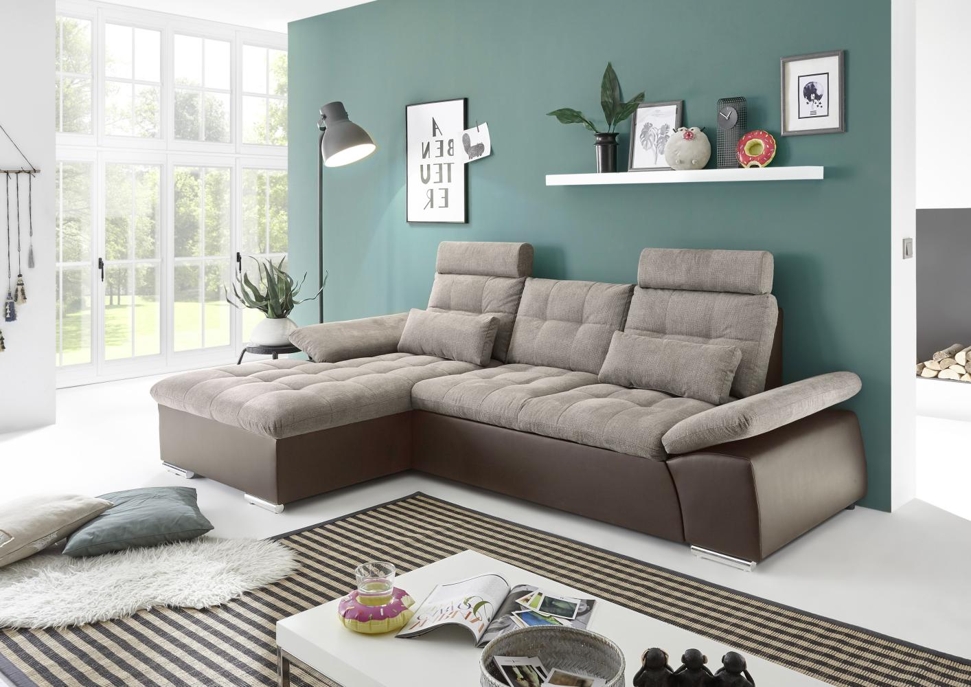 Ecksofa Couch Schlafcouch Schlafsofa Lederlook braun beige Ottomane links L-Form Bild 1