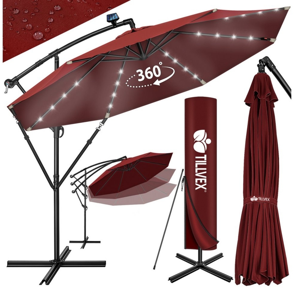 tillvex Alu Ampelschirm Rot LED Solar Ø 300 cm mit Kurbel | Sonnenschirm mit An-/Ausschalter | Gartenschirm UV-Schutz Aluminium | Kurbelschirm mit Ständer Marktschirm wasserdicht Bild 1