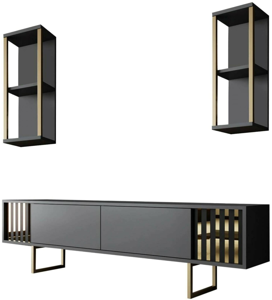 Dmora Fernsehschrank Artinay, Ständer für Wohnzimmerfernseher, Niedriges Wohnzimmer-Sideboard, TV-Ständerbasis, 180x30h48 cm, Anthrazit und Gold Bild 1