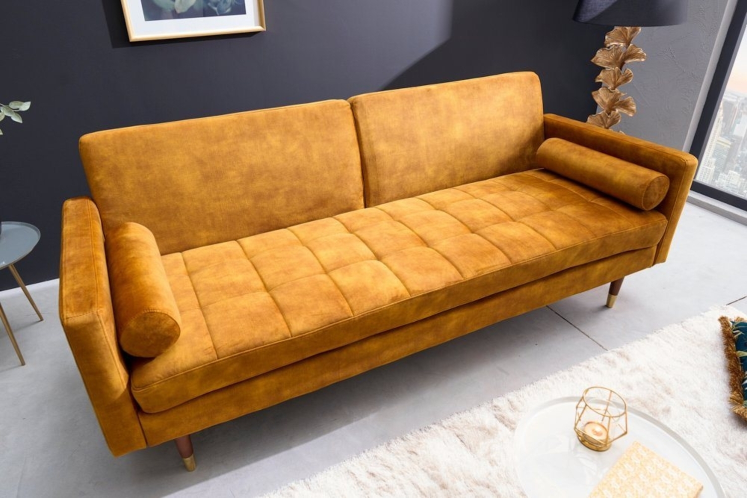 riess-ambiente Schlafsofa COUTURE 200cm senfgelb / braun-gold · 3-Sitzer mit Microvelours-Bezug, Einzelartikel 1 Teile, Wohnzimmer · inkl. Kissen · Bettfunktion · verstellbare Rückenlehne Bild 1