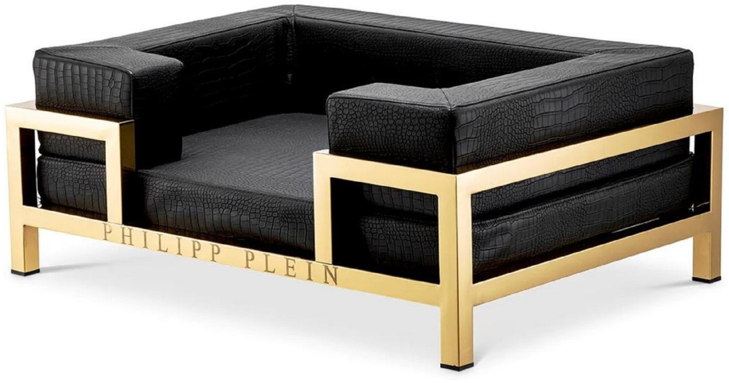 Philipp Plein Luxus Designer Leder Hundebett Schwarz / Gold H. 84 cm Bild 1