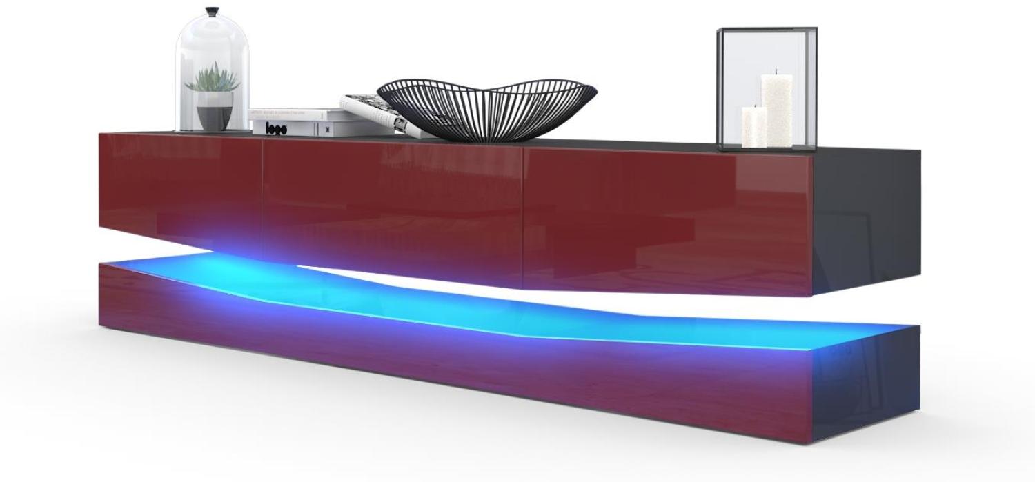 Vladon Lowboard City, TV-Kommode mit Sockelelement, 1 offenem Fach und 3 Schubkästen, Schwarz Hochglanz/Bordeaux Hochglanz, inkl. LED-Beleuchtung (178 x variabel x 39 cm) Bild 1