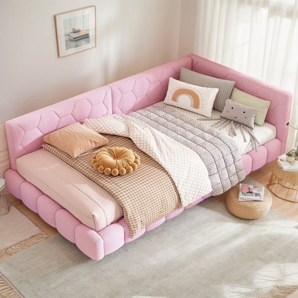 OKWISH Schlafsofa Modernes Daybett Kinderbett Funktionsbett Polsterbett Doppelbett, Tagesbett mit Lattenrost und 16-farbigem LED-Umgebungslicht, Schlafsofa mit USB- & Typ-C-Anschluss, Komfortmaterial, Ohne Matratze 140x200cm Bild 1