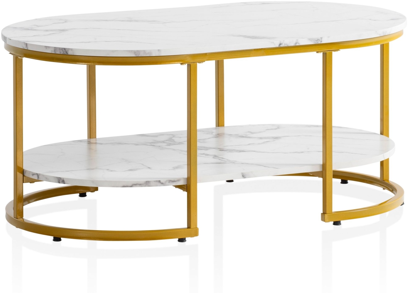 Couchtisch 100 x 60 x 45 cm Weiß mit Marmor Optik, Design Wohnzimmertisch Rechteckig, Lounge Sofatisch mit Ablage, Kaffeetisch Modern mit goldenem Metallgestell Bild 1