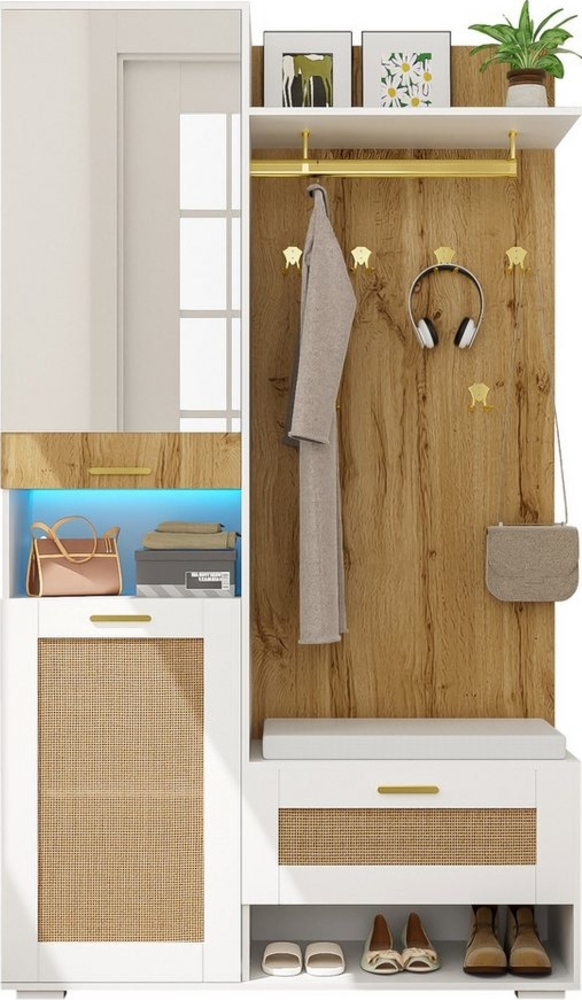 MODFU Garderoben-Set Kleiderschrank-Set, (Kleiderschrank-Set mit Spiegel, 1-St, 6 goldenen Kleiderhaken,16-farbiger LED-Beleuchtun), Wandgarderobe mit Spiegel,Schuhschrank,oberem Stauraumfach, Sitzbank Bild 1