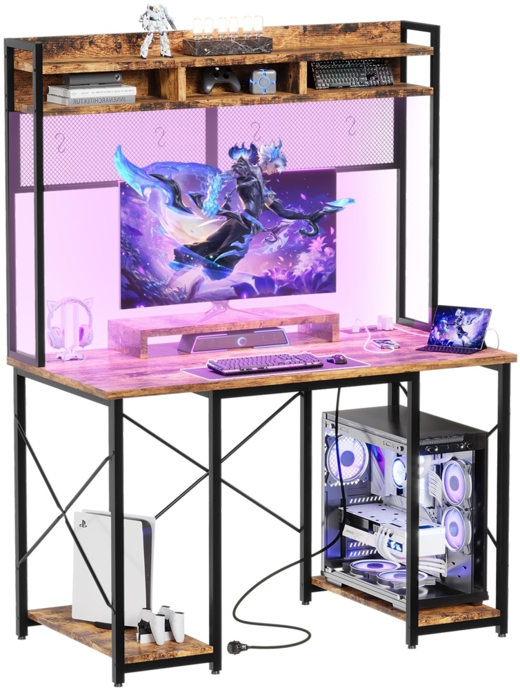 JUMMICO Gaming Tisch Schreibtisch 120 x 60 x 162 cm mit USB-Anschluss und Steckdose, Schreibtisch Computertisch mit Regal und Monitorständer LED-Beleuchtung, PC Tisch fürs Homeoffice (Braun) Bild 1