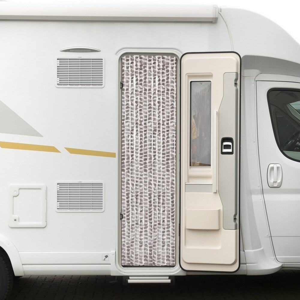 Moritz Flauschvorhang aus Chenille 56 x 185 cm taupe weiß gesteift Türvorhang als Fliegenschutz Insektenschutz für Camping Wohnwagen Bild 1