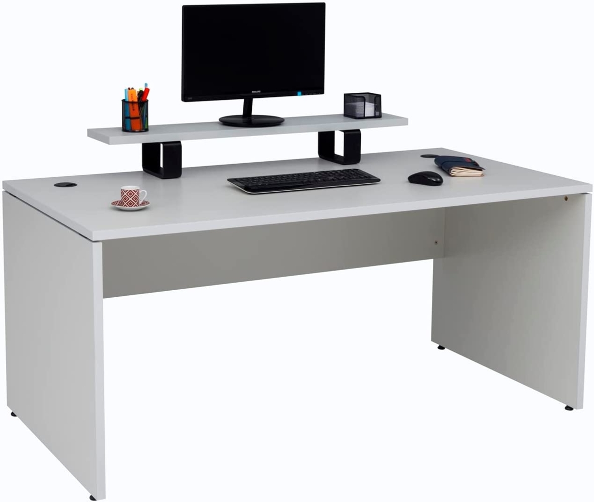 Furni24 Schreibtisch fürs Arbeitszimmer und Home Office - Großer laminierter Computertisch aus Holz, 2 Kabeldurchlässe (Grau, inkl. Monitorständer und Kabelkanal,180 x 80 x 75 cm) Bild 1