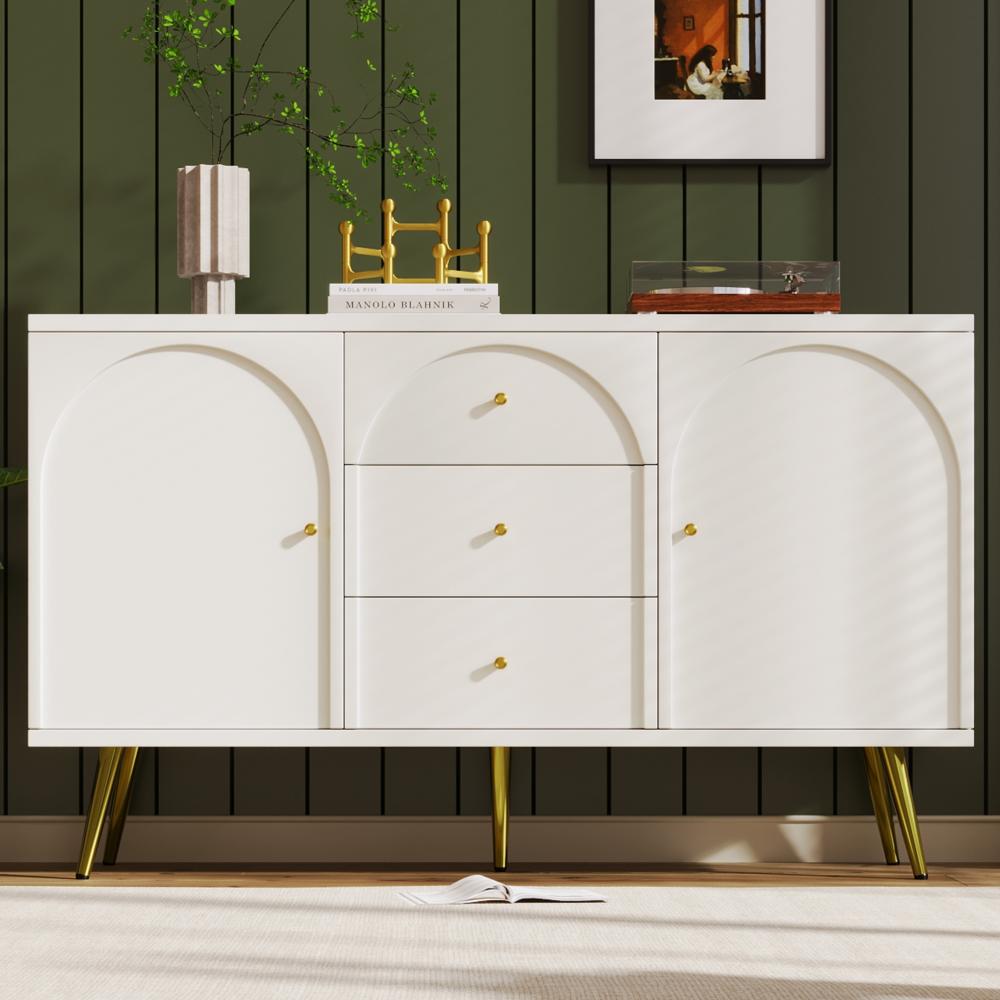 Merax Sideboard, Kommode mit 2 Türen und 3 Schubladen, Verstellbare Ablage, Creme-Weiß-H84/B140/T40 cm Bild 1