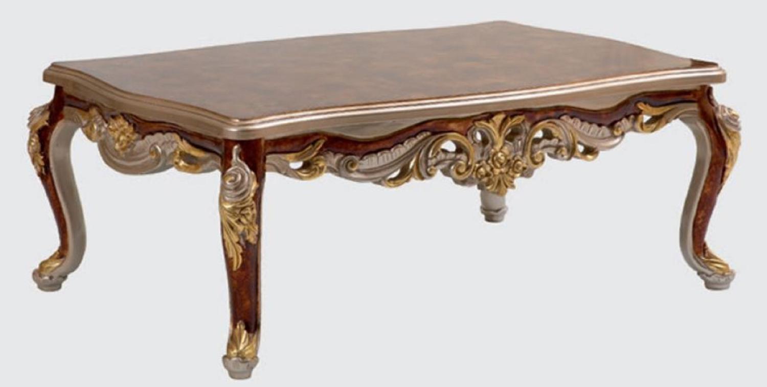 Casa Padrino Luxus Barock Wohnzimmertisch Braun / Silber / Gold 130 x 85 x H. 50 cm - Edler Massivholz Couchtisch im Barockstil - Barock Wohnzimmer Möbel Bild 1