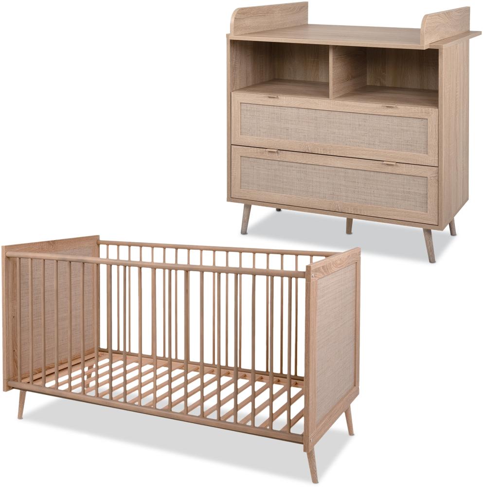 KHG Kinderzimmer-Möbelset hell-braun modern Eiche-Optik, Wickelkommode mit 2 Schubladen Kinderbett 70 x 140 cm aus Holzwerkstoff Rattan-Optik, Gestell aus Massivholz Bild 1