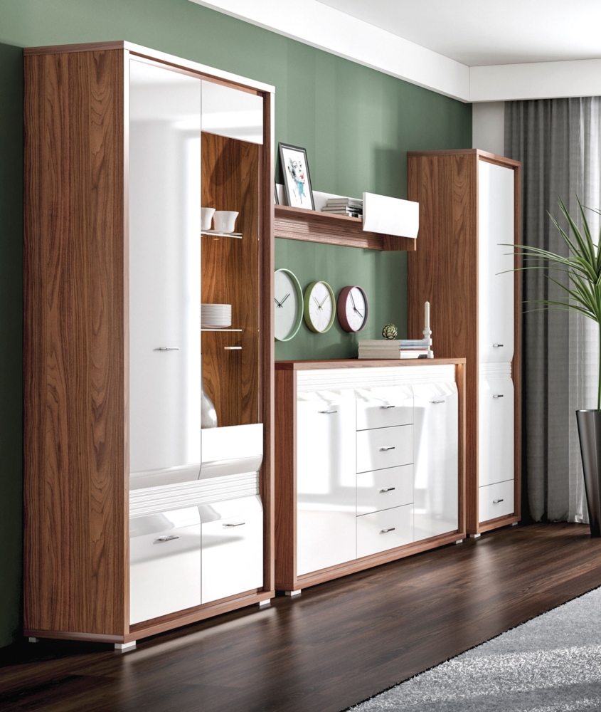 Wohnwand ""Dallas"" Anbauwand 4-teilig Walnuss MDF weiß Hochglanz Bild 1