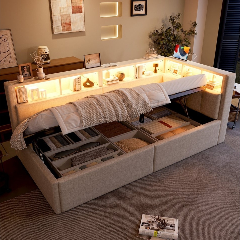 REDOM Schlafsofa integrierte USB-/Typ-C-Ports und farbiger LED-Streifenbeleuchtung, multifunktionalem Stauraum, Polsterbett Kinderbett 90×200 cm, ohne Matratze Bild 1