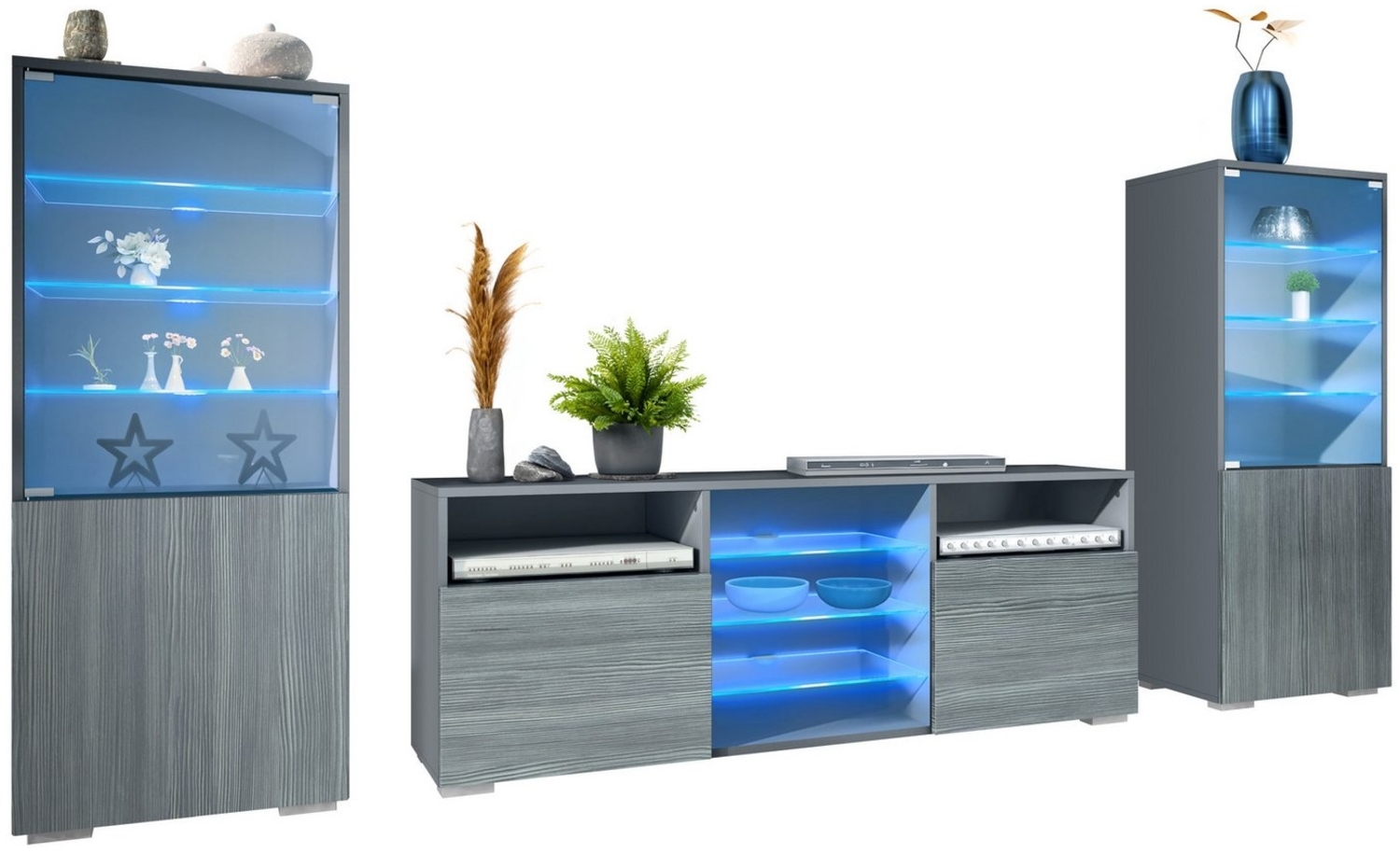 Vladon Wohnwand Granada, (Anbauwand, bestehend aus 2 Vitrinen, 1 TV-Board und LED-Beleuchtung), Anthrazit matt/Avola-Anthrazit (286 x 122,5 x 35 cm) Bild 1