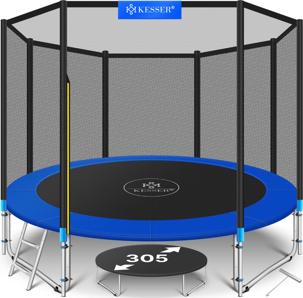 KESSER® - Trampolin | TÜV SÜD GS Zertifiziert | Komplettset mit Sicherheitsnetz, Leiter, Randabdeckung & Zubehör | Kindertrampolin Gartentrampolin Belastbarkeit 150 kg Blau, 305 cm Bild 1