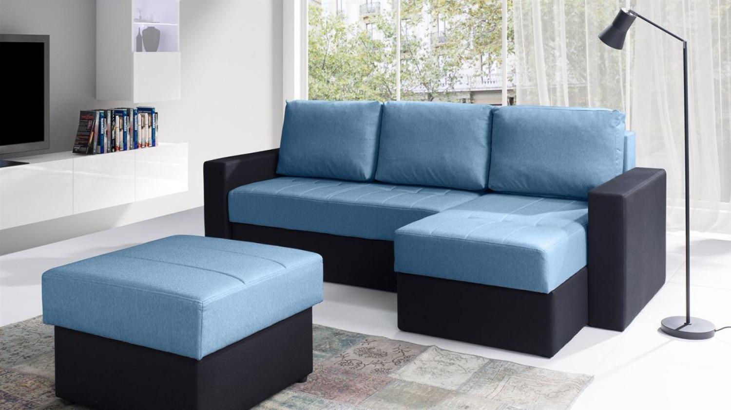 Ecksofa Schlafsofa LABRI inkl. Hocker Schwarz/ Hellblau Ottomane Rechts Bild 1