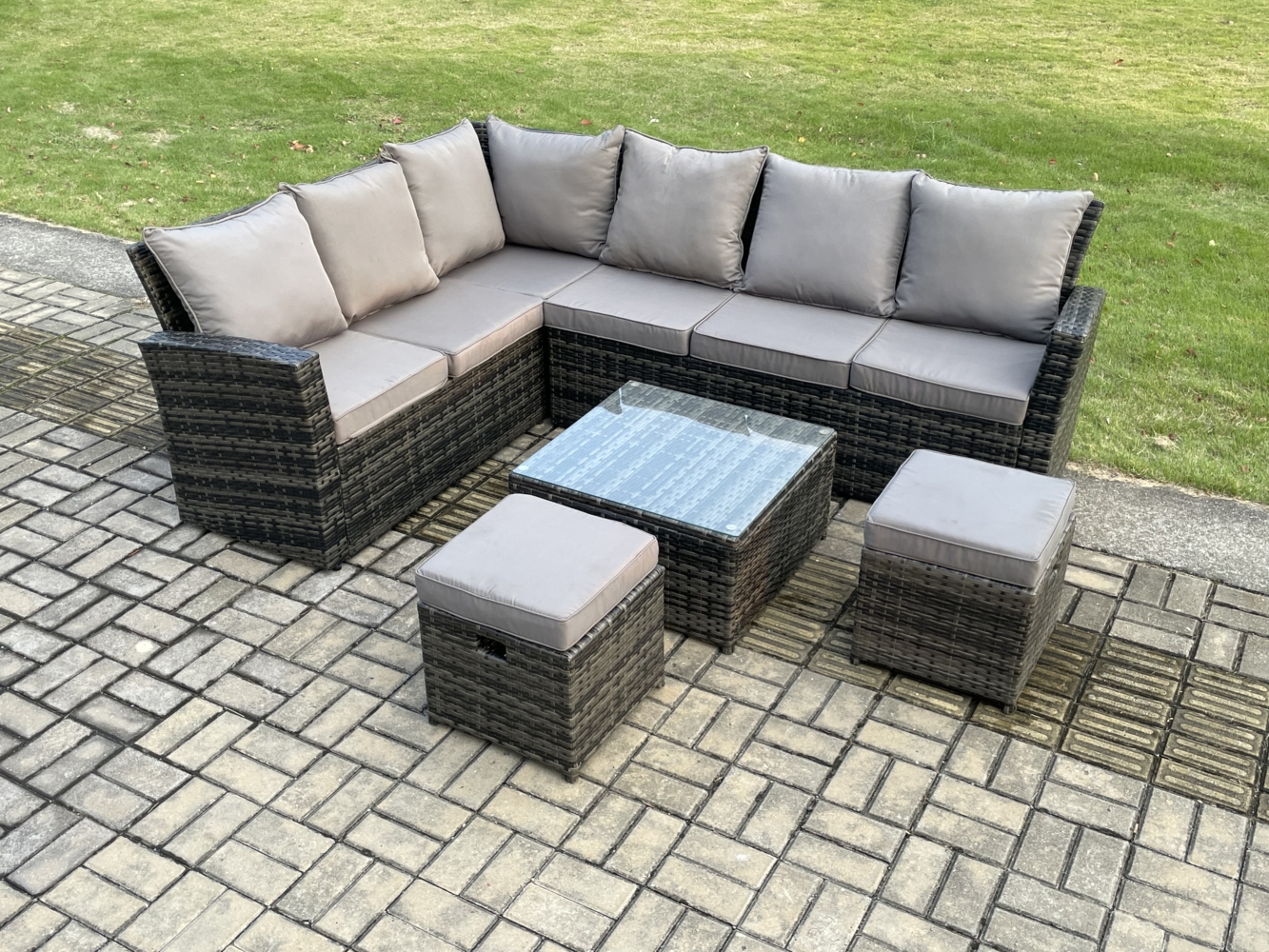 Fimous 8 Sitzer Gartenlounge Set Rattan Ecksofa Set mit Quadratischer Couchtisch 2 kleine Fußhockern Dunkelgrau gemischt Bild 1