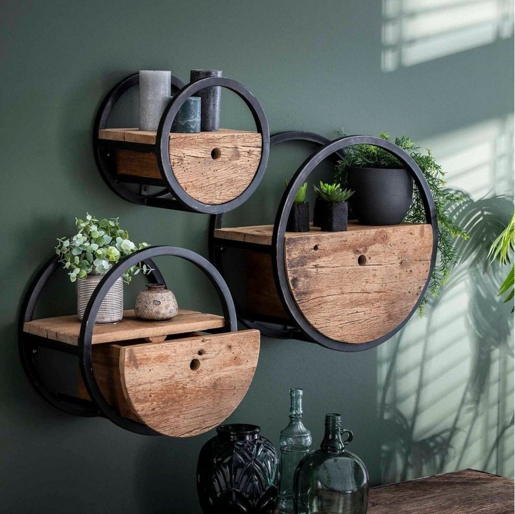 LEVEN Lifestyle Wandregal Industrial Deko Wandregal rund mit Schublade im Vintage Look Bild 1