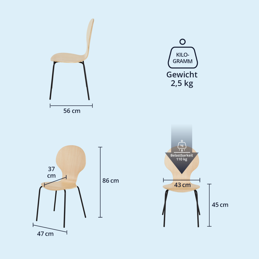 KHG 4er Set Stapelstühle Esszimmerstuhl Stuhl aus Schichtholz mit Eiche-Dekor - Sitzhöhe 45 cm, Stuhlbeine aus Metall - stapelbar auch für Gastronomie geeignet Bild 1