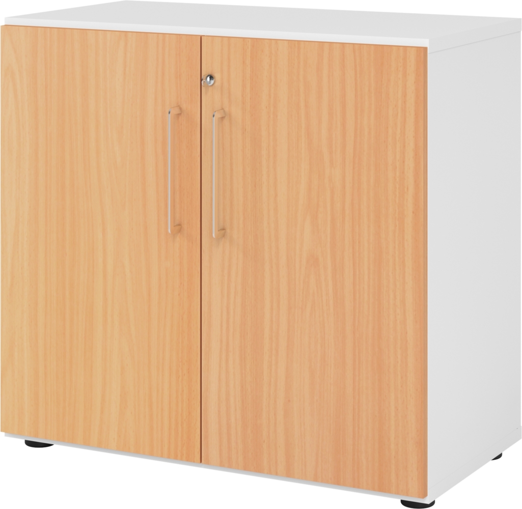 bümö Aktenschrank abschließbar, Büroschrank Holz 80cm breit in Weiß/Buche - abschließbarer Schrank mit Aktenregal für's Büro & Arbeitszimmer, Büro Möbel Ordnerschrank mit Schloss, 928T2-W-6-BS Bild 1