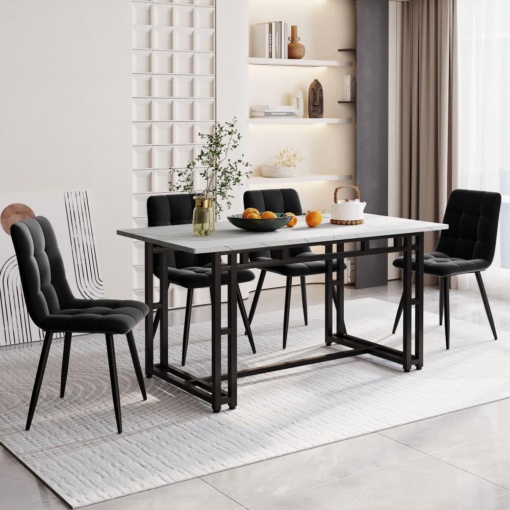 Merax 140cm Esstisch mit 4 Stühlen Set Esszimmer Sitzgruppe, Metallbeine,Essgruppe, (5-tlg), Samt, Schwarz Bild 1