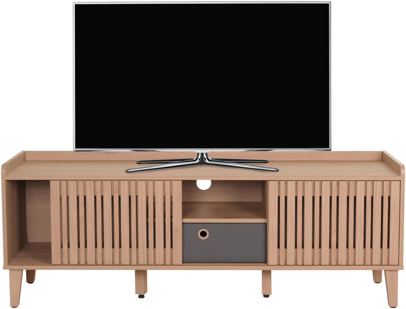 TV-Rack HWC-M48, Lowboard TV-Schrank, Schiebetür Mango-Massivholz 56x150x40cm ~ beige, Schublade grau Bild 1