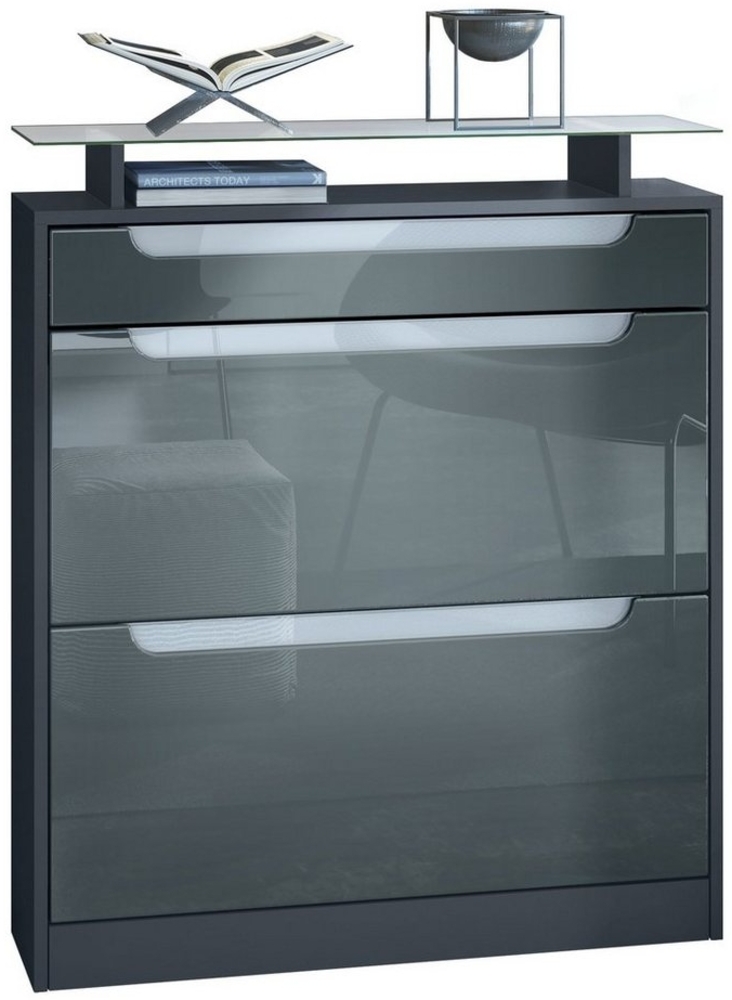 Vladon Schuhschrank Fiesta für 16 Paar Schuhe mit 2 Klappen und Glasablage, Anthrazit matt/Grau Hochglanz, Griffmulden in Weiß Hochglanz (89 x 104 x 23 cm) Bild 1