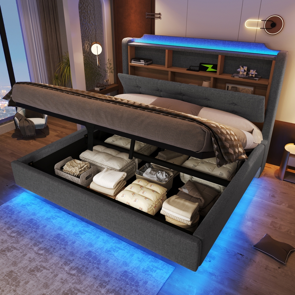 Merax Polsterbett, 140 × 200 cm Doppelbett, mit LED-Lichtleiste, hydraulischer Stauraum, Staufächer, schwebendes Design, USB- und Typ-C-Anschlüsse, Leinen, Grau Bild 1
