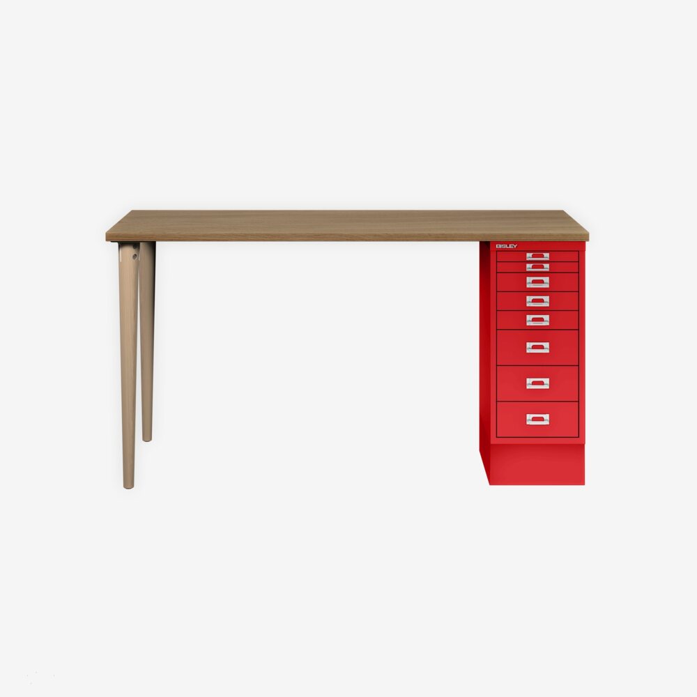 MultiDesk, 2 Eichenfüße, 1 MultiDrawer mit 8 Schüben, Dekor natürliche Eiche, Farbe Kardinalrot, Maße: H 740 x B 1400 x T 600 mm Bild 1