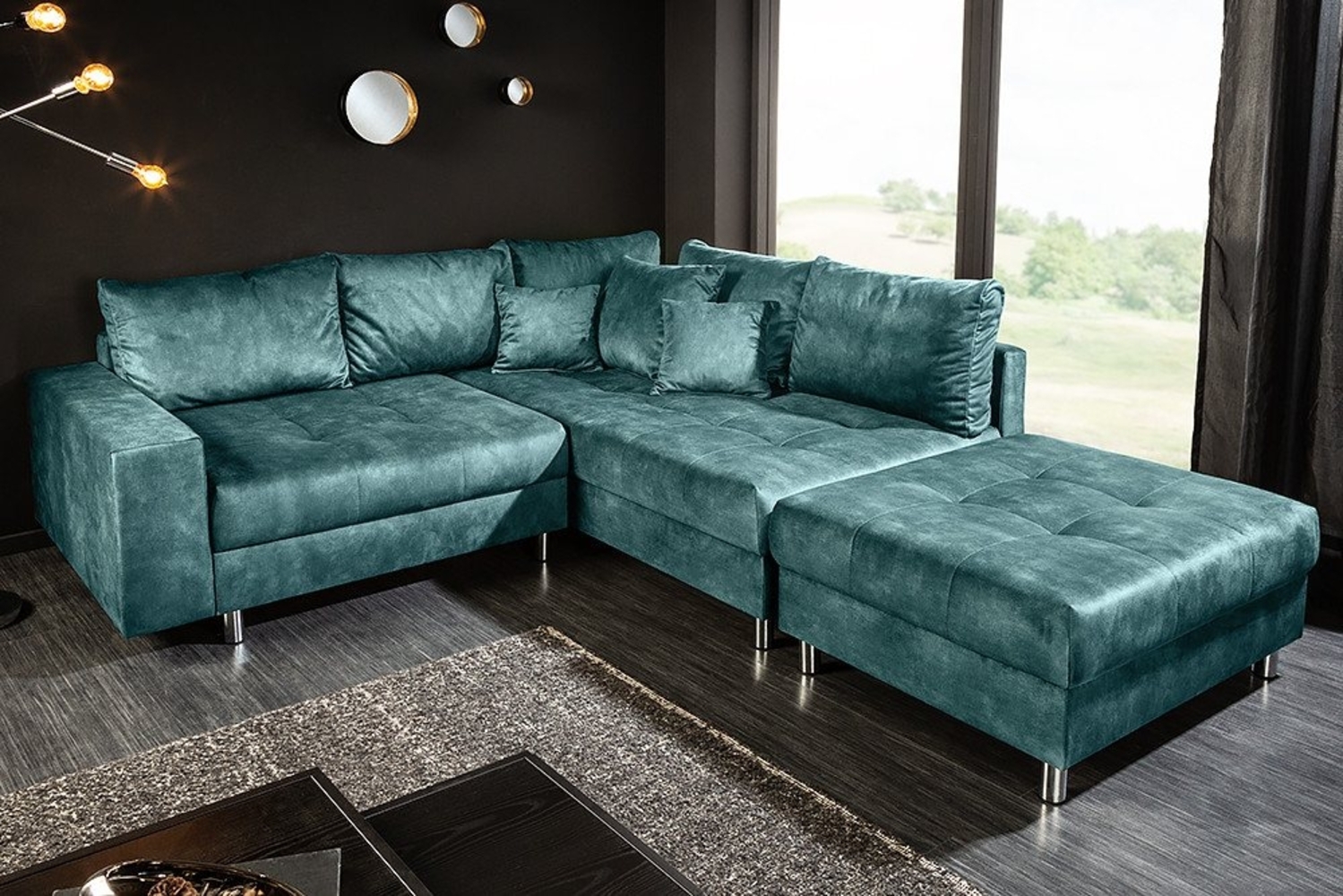 riess-ambiente Ecksofa KENT 220cm petrol, Einzelartikel 1 Teile, Wohnzimmer · Microvelours · L-Form · Ottomane beidseitig · Design Bild 1