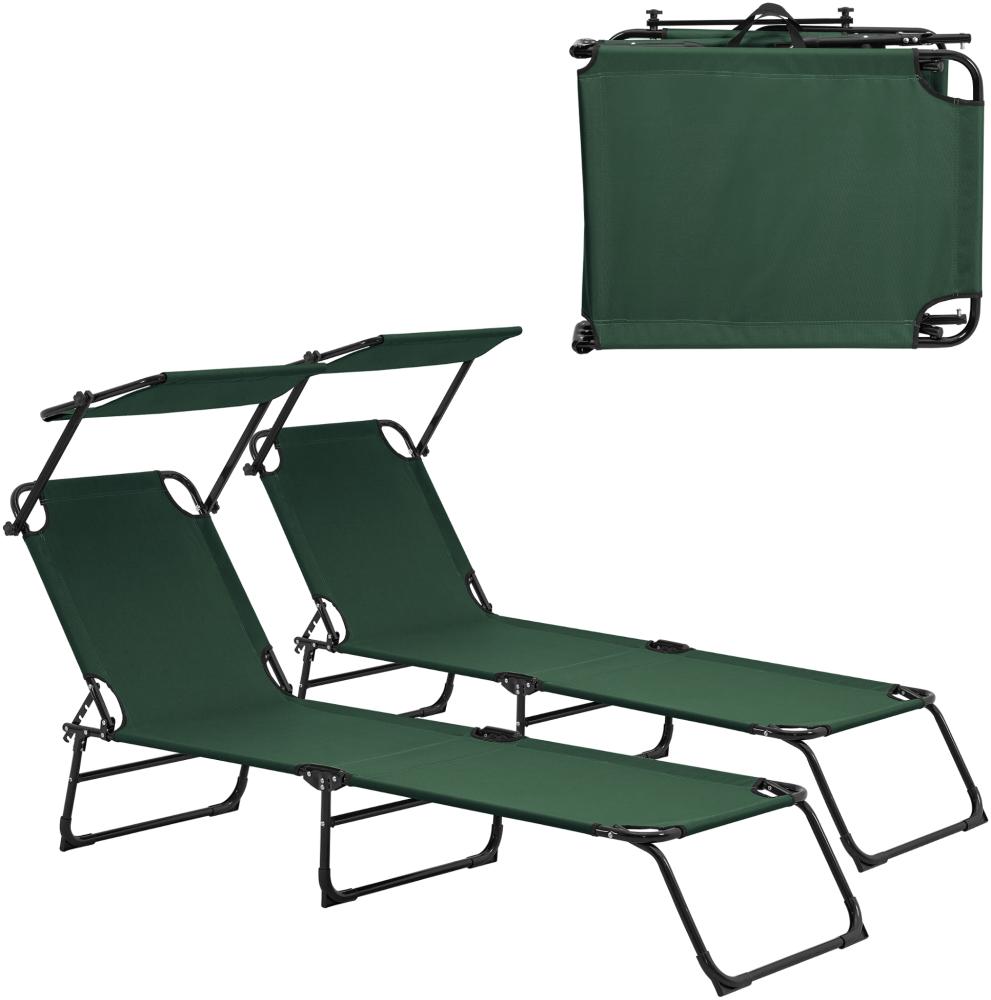 2er Set Sonnenliege Lomeda mit Sonnendach 187x53x27cm Dunkelgrün [casa. pro] Bild 1