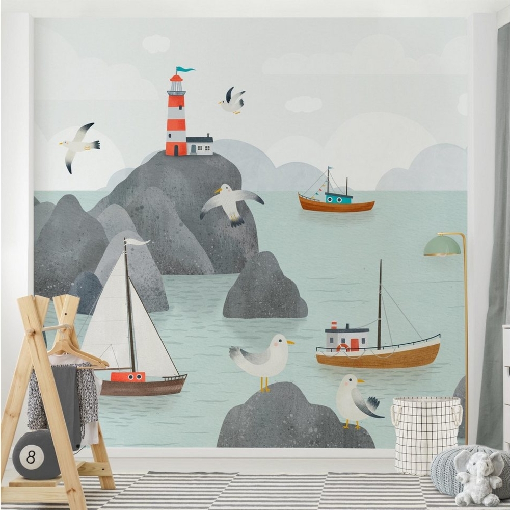 Bilderdepot24 Kindertapete Meer Felsen Boot Möwen Aquarell Natur Strand Meer Tiere türkis modern, Glatt, Matt, (Vliestapete inkl. Kleister oder selbstklebend), Mädchenzimmer Jungenzimmer Babyzimmer Bildtapete Fototapete Wandtapete Bild 1