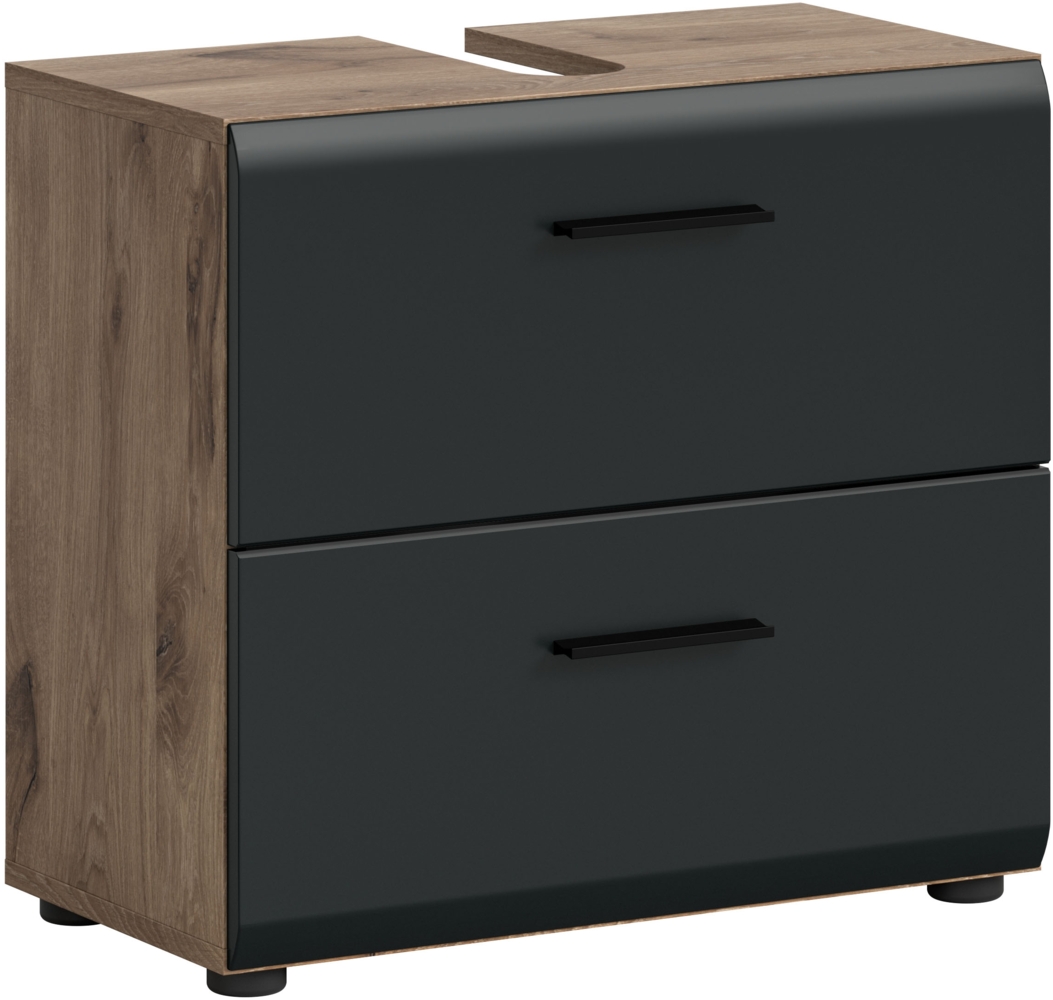 xonox. home – Waschbeckenunterschrank Ice 60 x 55 x 30 cm in Korpus Nox Oak Nachbildung und Front schwarz matt – Moderner Badschrank Unterschrank für Waschbecken – warm & natürlich Bild 1