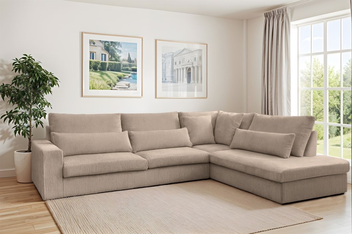 Ecksofa Designersofa THORA in Stoff Poso Beige Ottomane Rechts Bild 1