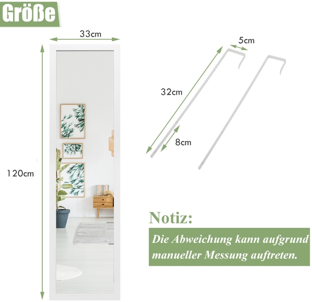 Rechteckiger Ganzkörperspiegel mit Hängehaken für Tür 33x119cm Weiß Bild 1