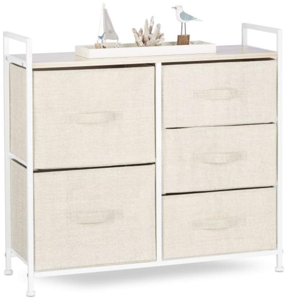 Relaxdays Regalsystem, 5 Schubladen, Metall & Holz weiß / Stoff beige, 77,5 x 29 x 83 cm Bild 1