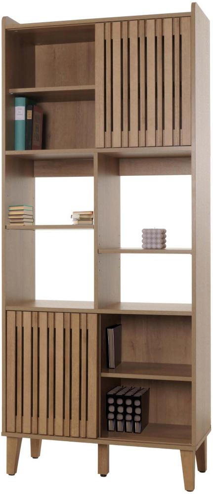 Bücherregal HWC-M48, Bücherschrank Hochschrank, Schiebetür 8 Staufächer Mango-Massivholz MDF 178x75x35cm ~ natur Bild 1